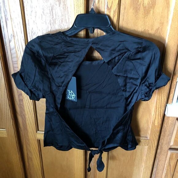 NWT Chaser Y2K Satin Crop Open Back Tie Tee Top Black - S - Picture 9 of 11